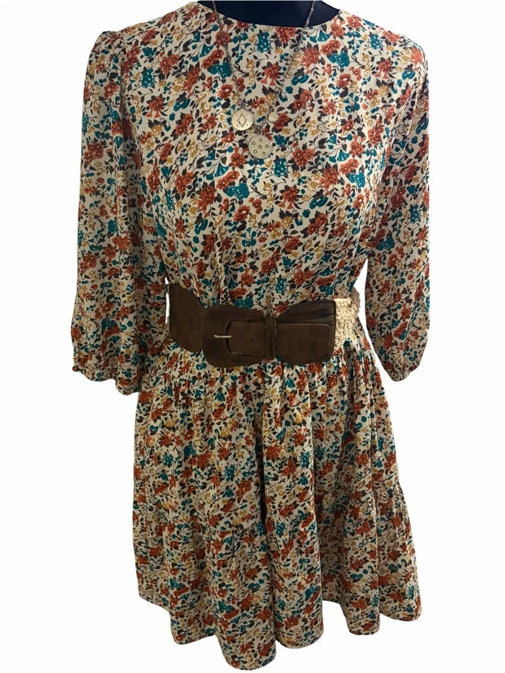 Pink Lily Cream Floral Dress with Rust and Teal Accents - Picture 1 of 7